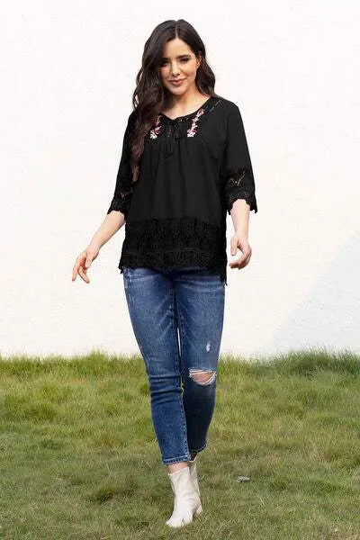 Tie Neck Lace Detail Half Sleeve Blouse Black Blouses - Tophatter Daily Deals