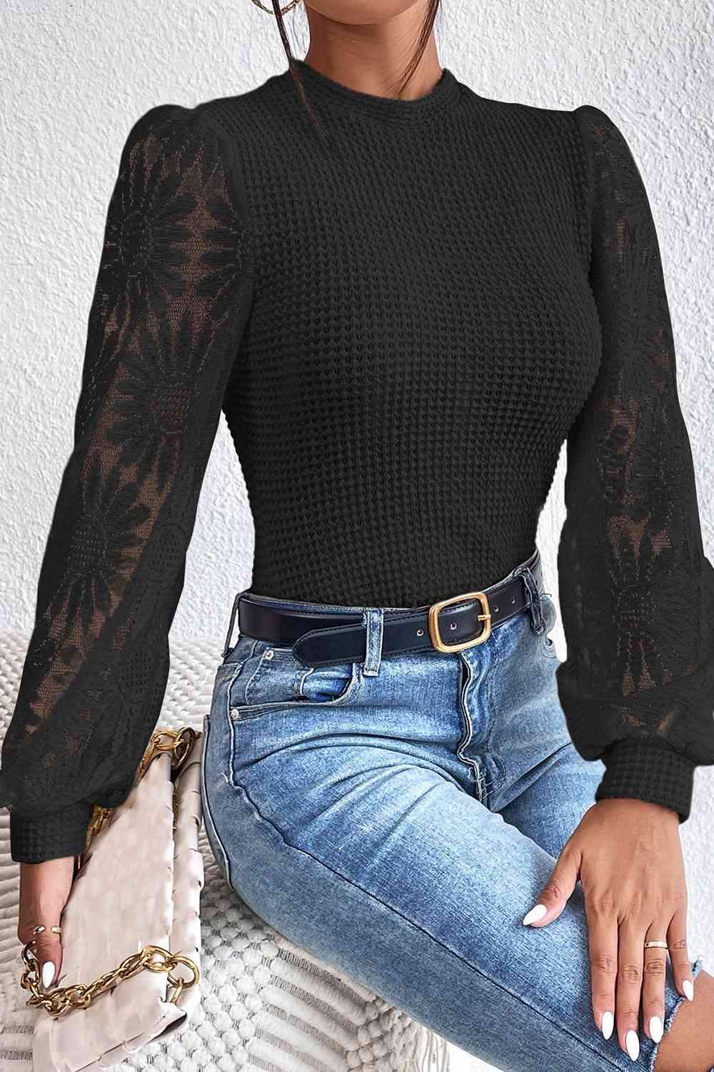 Floral Lace Detail Lantern Sleeve Blouse Blouses - Tophatter Daily Deals