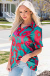 Printed Johnny Collar Short Sleeve Top Blouses - Tophatter Daily Deals