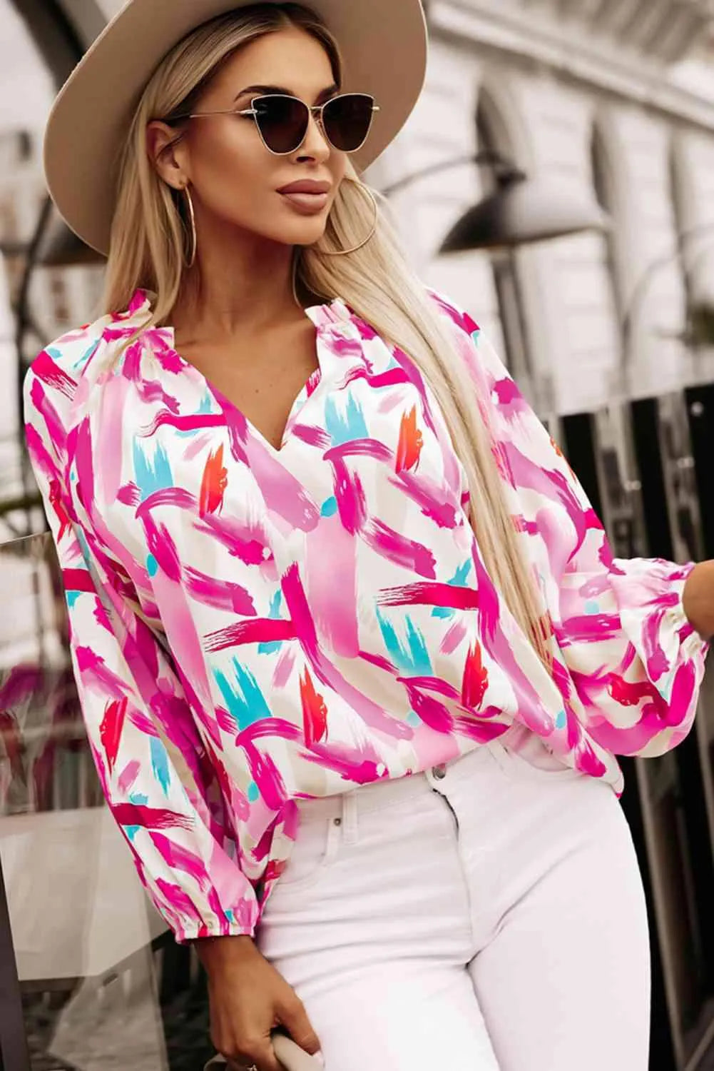 Printed V-Neck Balloon Sleeve Blouse Hot Pink Blouses - Tophatter Daily Deals
