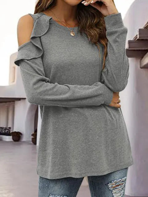 Round Neck Ruffled Cold-Shoulder Blouse Blouses - Tophatter Daily Deals