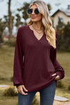 Eyelet Notched Raglan Sleeve T-Shirt Wine Women's T-Shirts - Tophatter Daily Deals