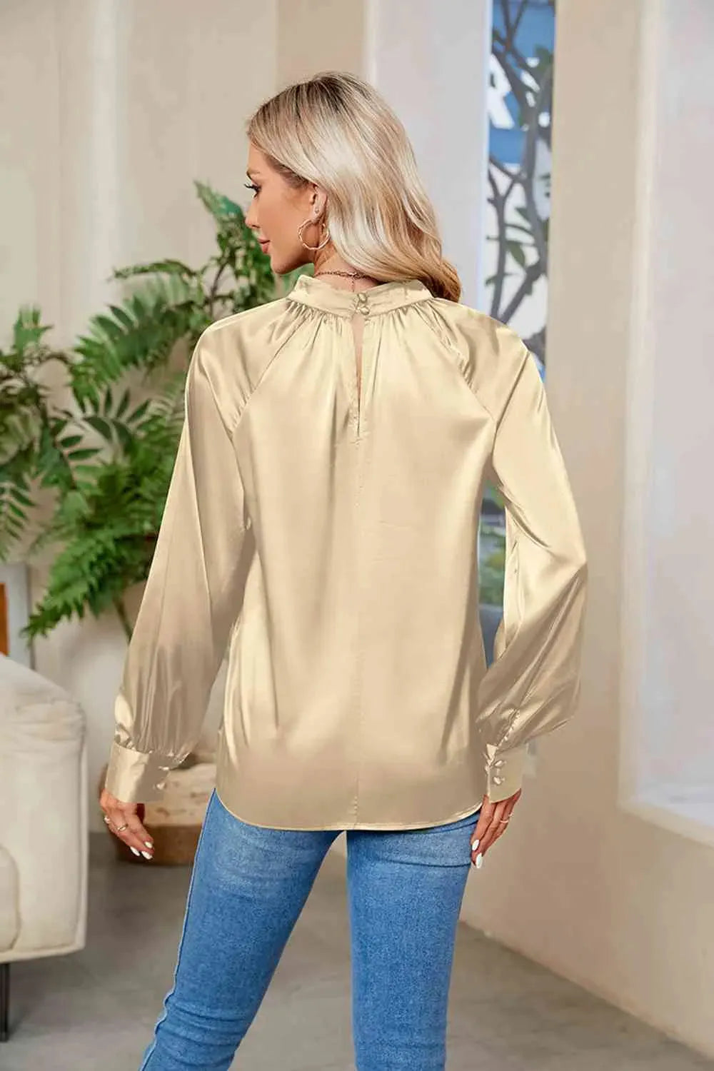 Cutout Mock Neck Long Sleeve Top Blouses - Tophatter Daily Deals