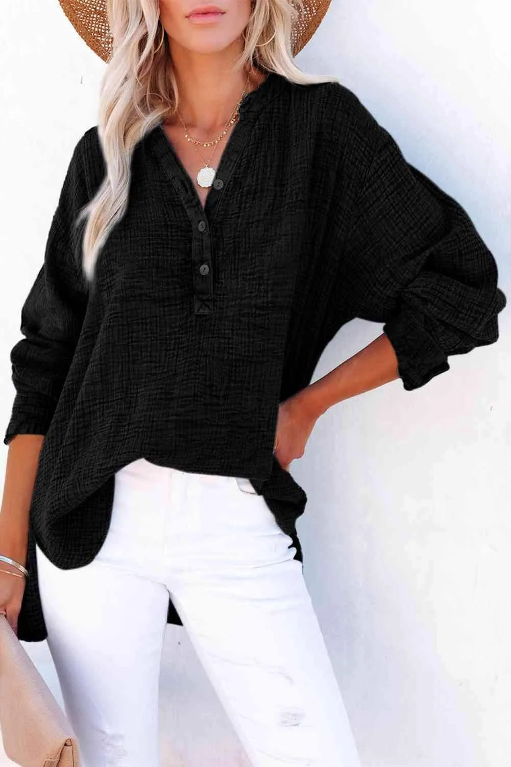 Buttoned Long Sleeve Blouse Black Blouses - Tophatter Daily Deals