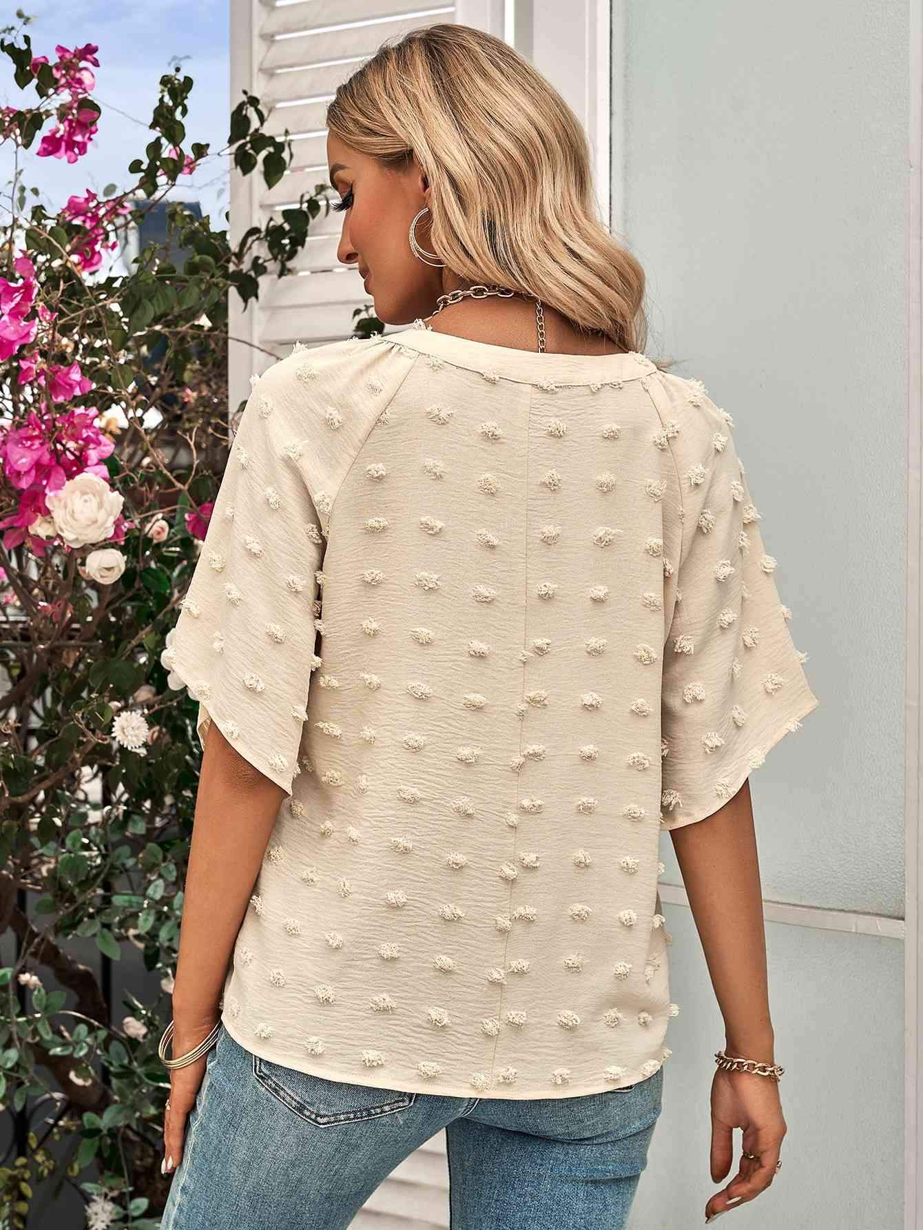 Swiss Dot Notched Neck Flare Sleeve Blouse Blouses - Tophatter Daily Deals