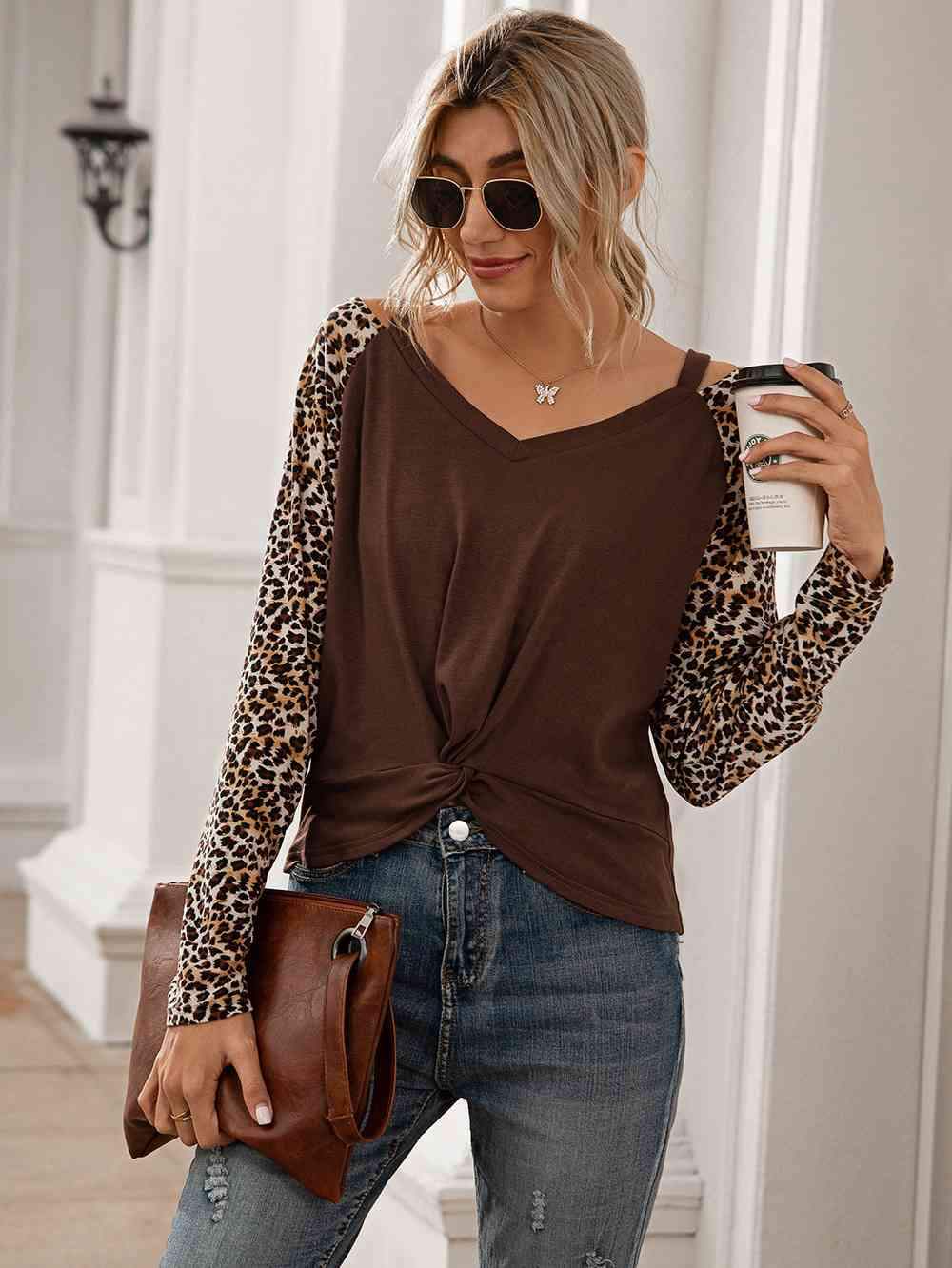 Leopard Twist Front Cold-Shoulder Tee Chestnut Women's T-Shirts - Tophatter Daily Deals