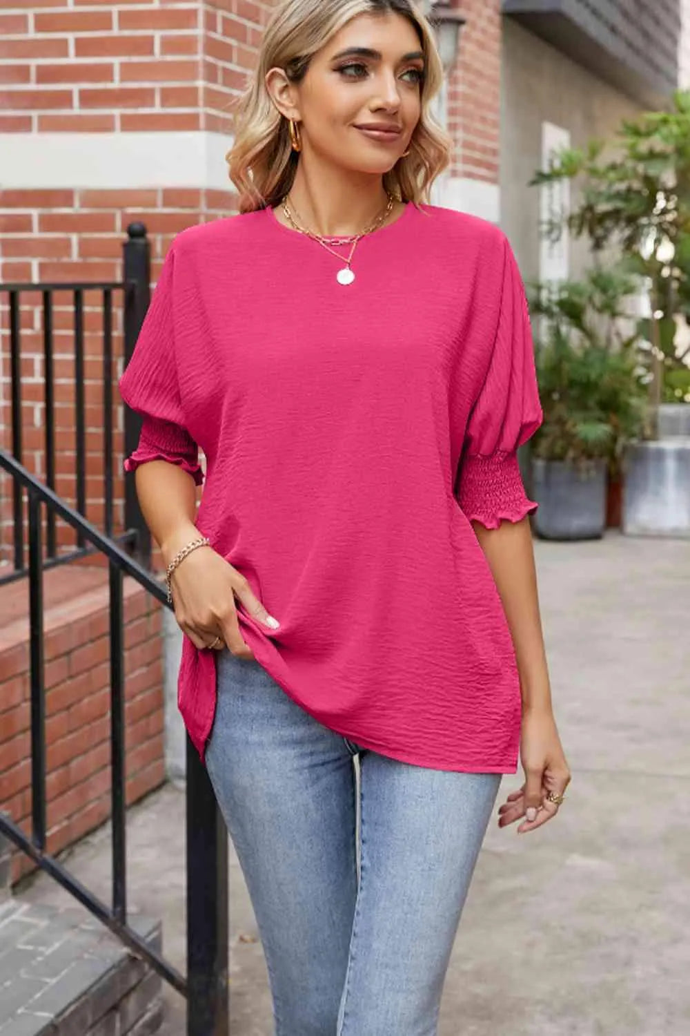 Round Neck Smocked Lantern Sleeve Blouse Deep Rose Blouses - Tophatter Daily Deals