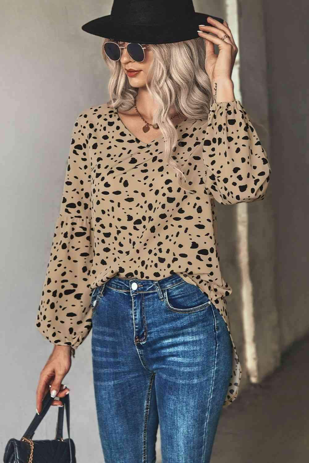 Animal Print V-Neck High-Low Blouse Khaki Blouses - Tophatter Daily Deals