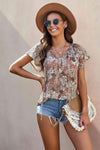 Floral Flutter Sleeve Tie-Neck Blouse Floral Blouses - Tophatter Daily Deals