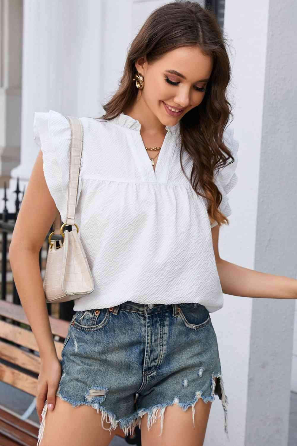 Notched Neck Butterfly Sleeve Blouse Blouses - Tophatter Daily Deals