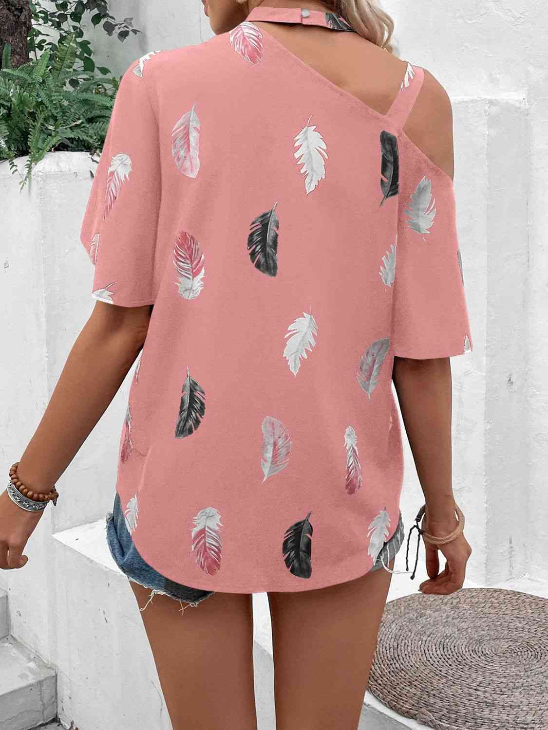 Asymmetrical One Shoulder Short Sleeve Printed Blouse - Tophatter Deals