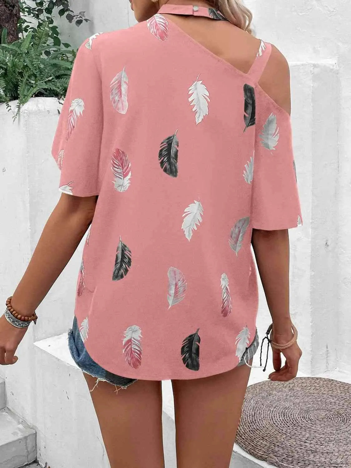 Asymmetrical One Shoulder Short Sleeve Printed Blouse Blouses - Tophatter Daily Deals
