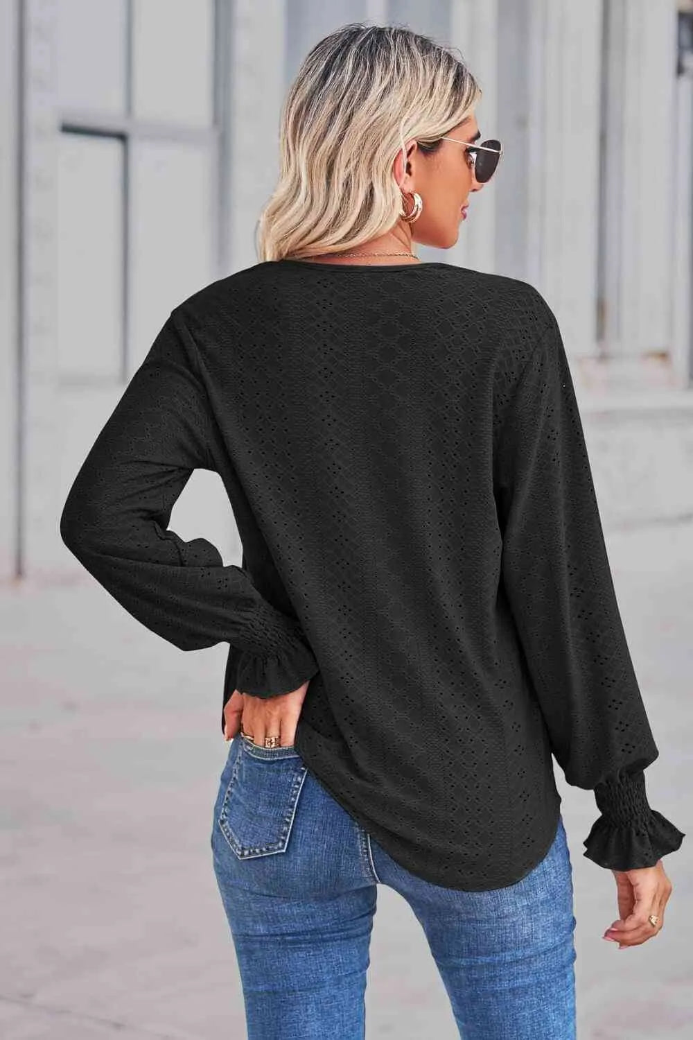 Contrast V-Neck Flounce Sleeve Top Blouses - Tophatter Daily Deals