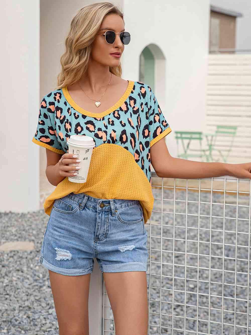 Leopard Waffle-Knit Short Sleeve Top Women's T-Shirts - Tophatter Daily Deals