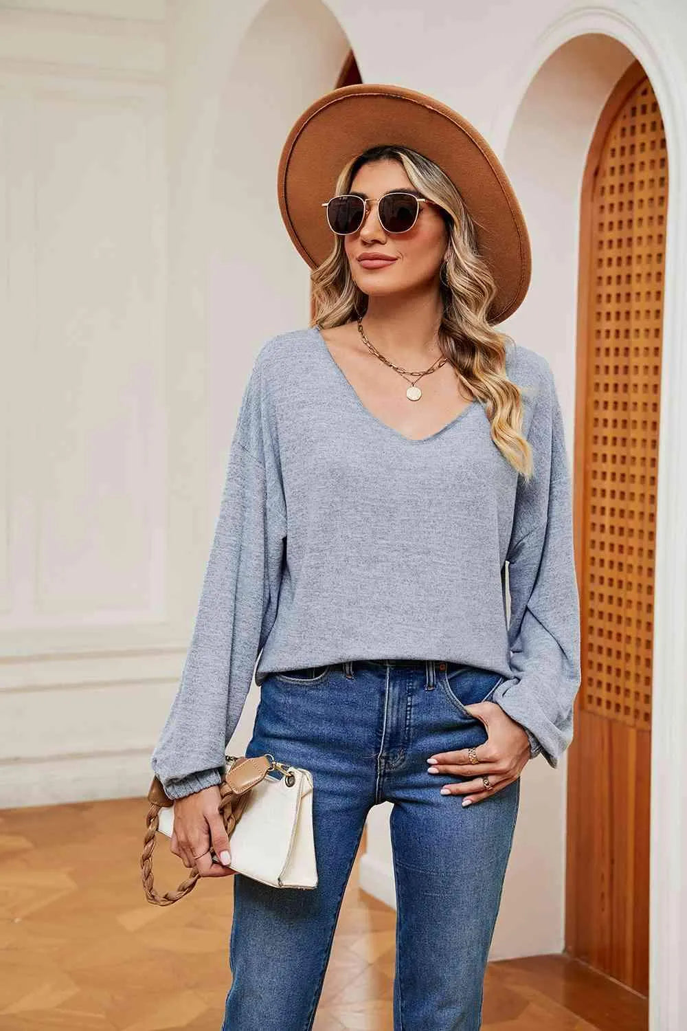 V-Neck Long Sleeve Top Blouses - Tophatter Daily Deals