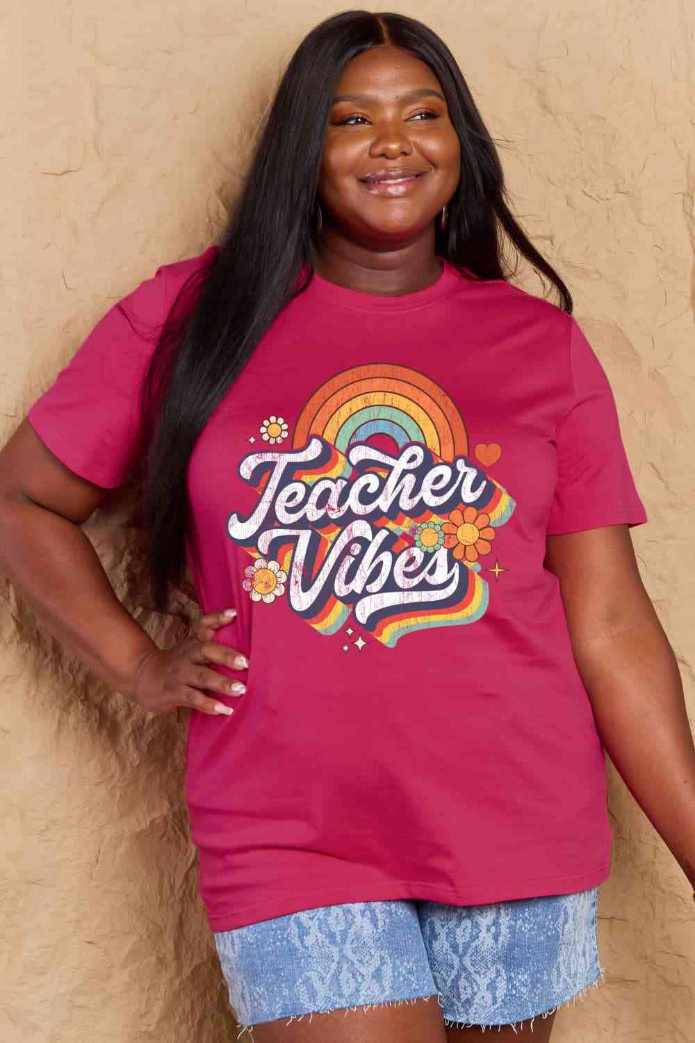 Simply Love Full Size TEACHER VIBES Graphic Cotton T-Shirt Deep Rose Women's T-Shirts - Tophatter Daily Deals