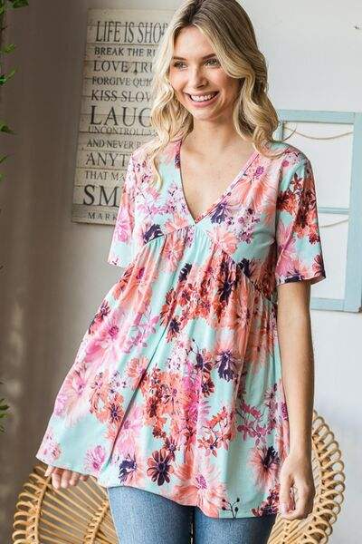 Heimish Full Size Floral V-Neck Short Sleeve Babydoll Blouse Blouses - Tophatter Daily Deals