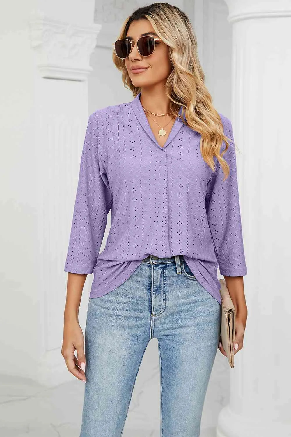 Eyelet Three-Quarter Sleeve Blouse Blouses - Tophatter Daily Deals