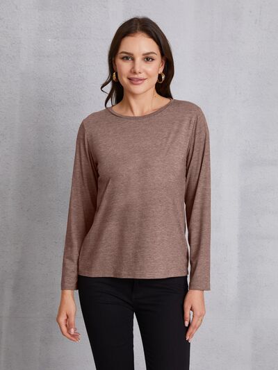 Round Neck Long Sleeve T-shirt Mocha Women's T-Shirts - Tophatter Daily Deals