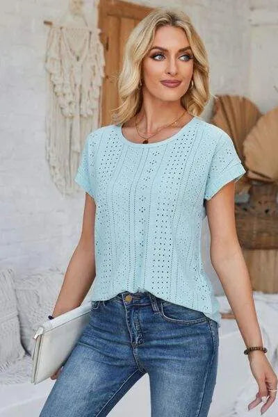Eyelet Round Neck Rolled Short Sleeve T-Shirt Women's T-Shirts - Tophatter Daily Deals