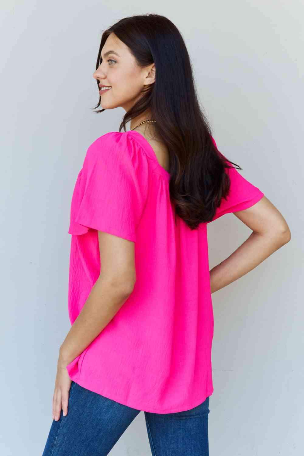 Ninexis Keep Me Close Square Neck Short Sleeve Blouse in Fuchsia Blouses - Tophatter Daily Deals