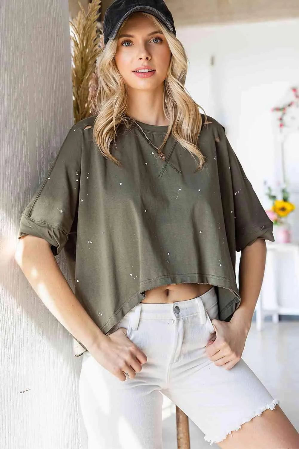 Distressed Asymmetric Hem Cropped Tee Shirt Women's T-Shirts - Tophatter Daily Deals