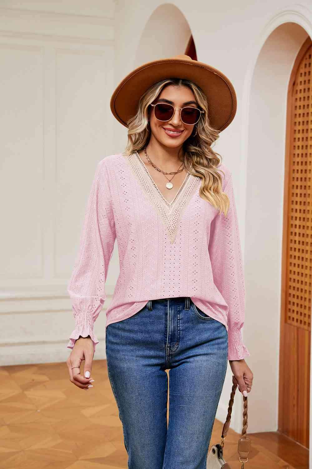 Contrast Flounce Sleeve Blouse Blouses - Tophatter Daily Deals