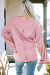 Waffle-Knit Exposed Seam Lantern Sleeve Blouse Blouses - Tophatter Daily Deals