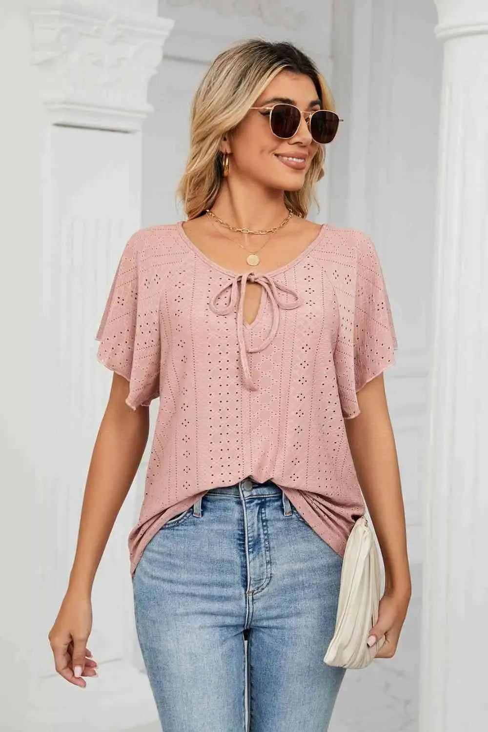 Eyelet Tie-Neck Flutter Sleeve Top Blouses - Tophatter Daily Deals
