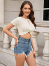 Twist Front Short Sleeve Cropped Top Blouses - Tophatter Daily Deals