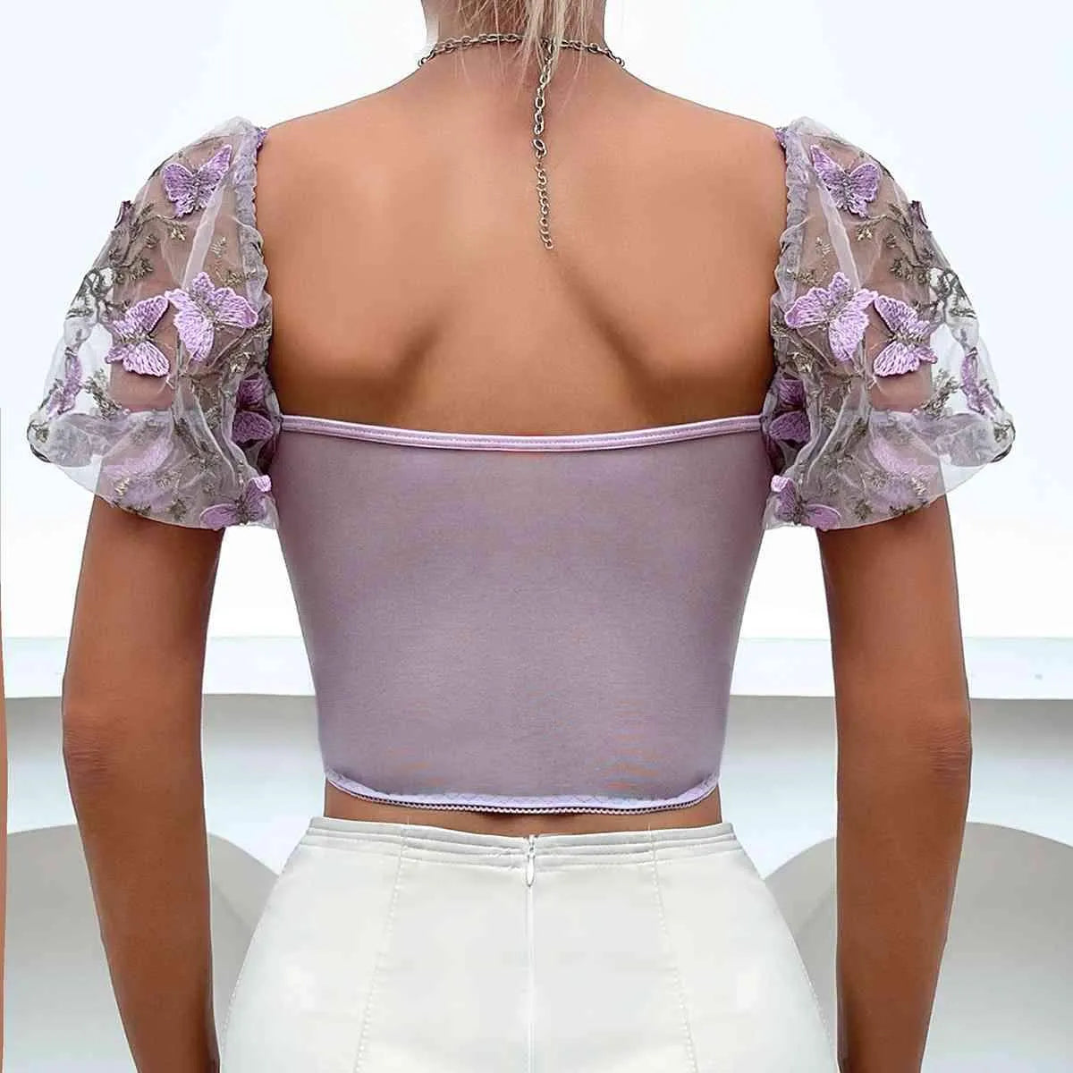 Embroidery Sweetheart Neck Short Sleeve Lace Trim Blouse Blouses - Tophatter Daily Deals