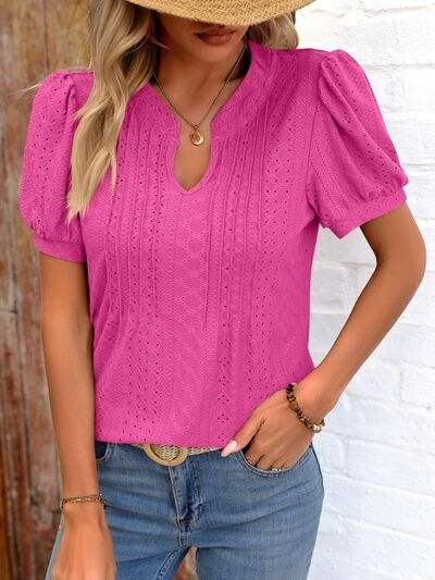 Eyelet Notched Puff Sleeve T-Shirt Women's T-Shirts - Tophatter Daily Deals