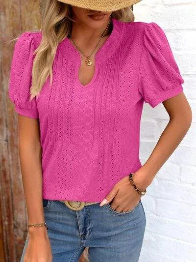 Eyelet Notched Puff Sleeve T-Shirt Women's T-Shirts - Tophatter Daily Deals