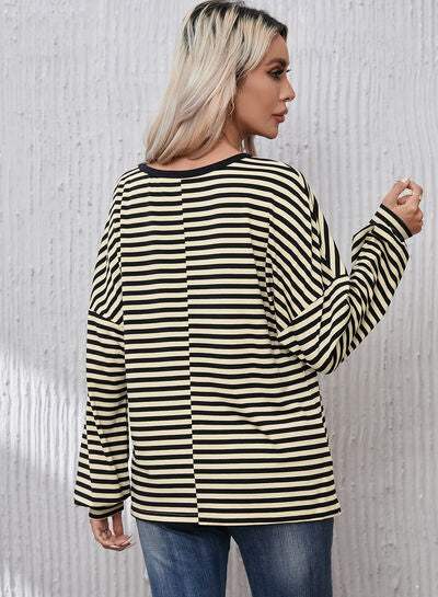 Striped Round Neck Dropped Shoulder T-Shirt Women's T-Shirts - Tophatter Daily Deals