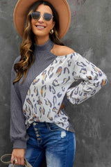 Leopard Color Block Cold Shoulder Turtleneck Top Blouses - Tophatter Daily Deals