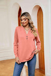 Buttoned Notched Neck Long Sleeve Top Blouses - Tophatter Daily Deals