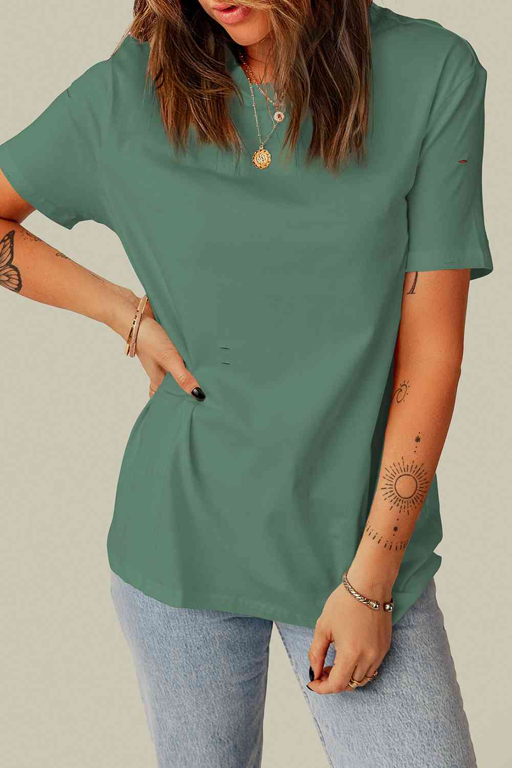 Distressed Round Neck Tee Women's T-Shirts - Tophatter Daily Deals