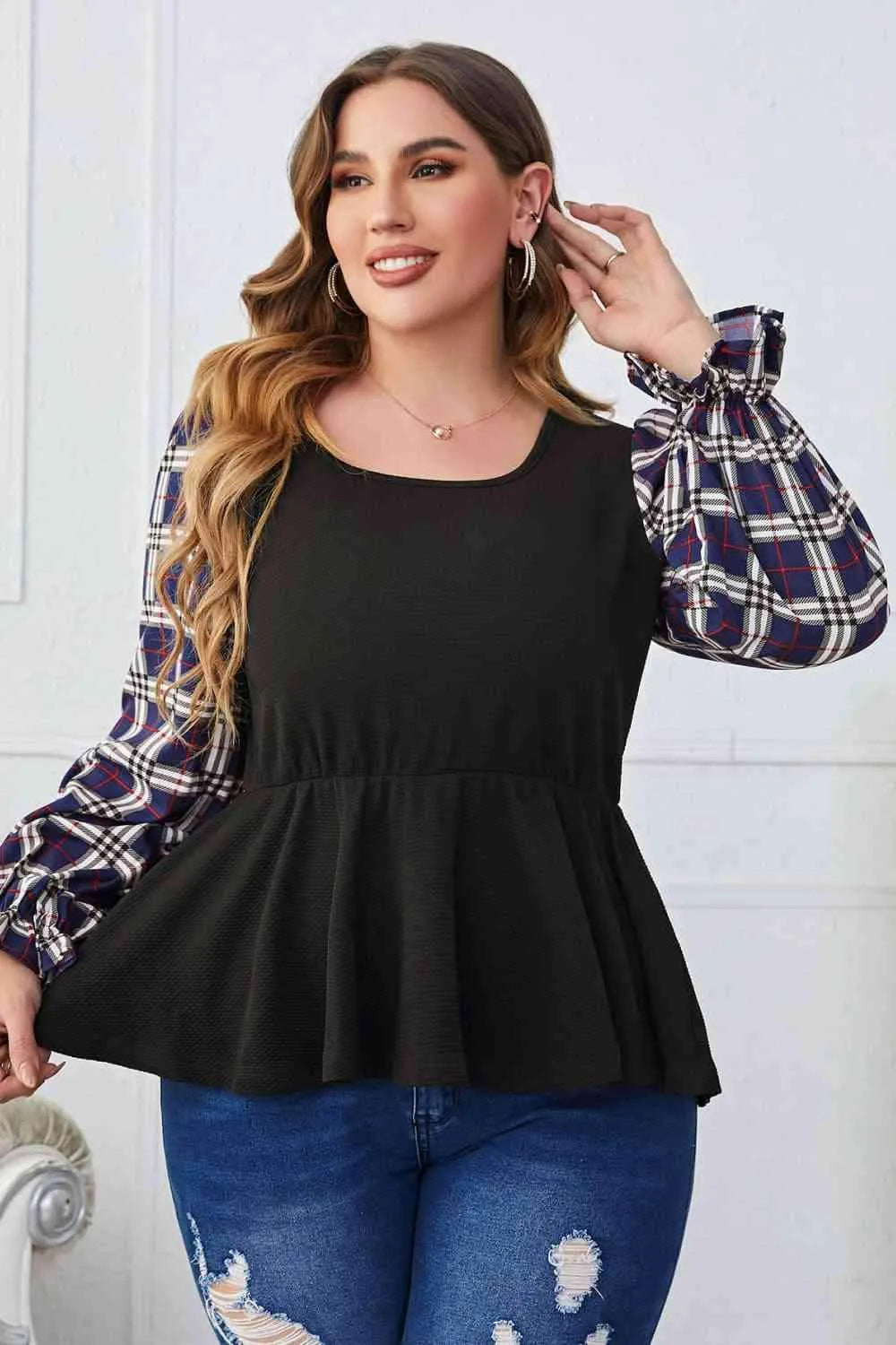 Melo Apparel Plus Size Plaid Print Square Neck Ruched Blouse Blouses - Tophatter Daily Deals