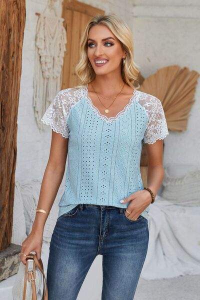 Eyelet V-Neck Lace Short Sleeve T-Shirt Women's T-Shirts - Tophatter Daily Deals