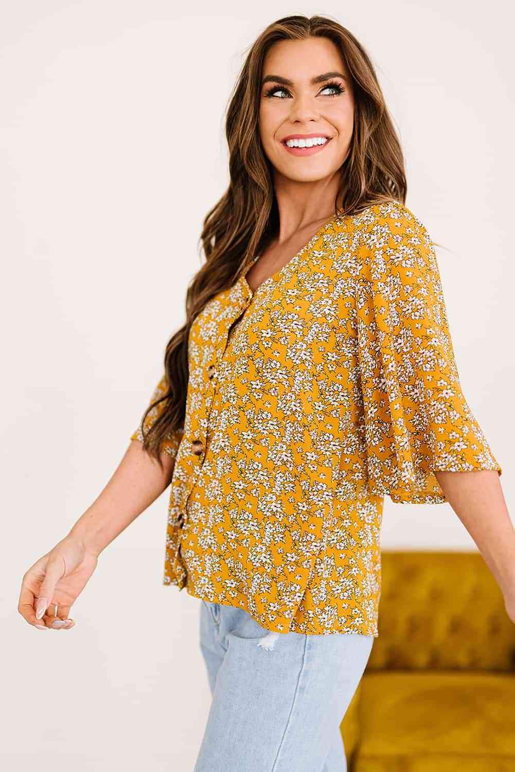 Printed Button Front Flare Sleeve Blouse Blouses - Tophatter Daily Deals