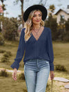 V-Neck Flounce Sleeve Blouse Navy Blouses - Tophatter Daily Deals