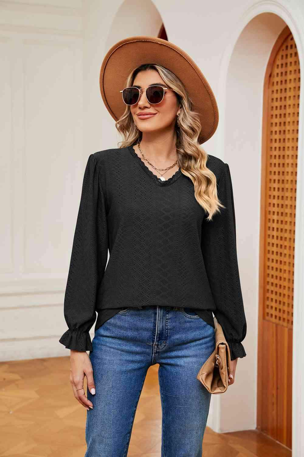 V-Neck Flounce Sleeve Blouse Blouses - Tophatter Daily Deals