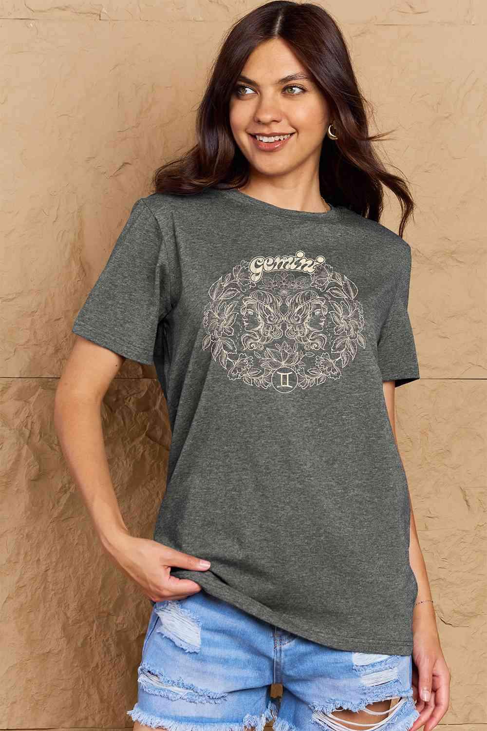 Simply Love Full Size GEMINI Graphic T-Shirt Charcoal Women's T-Shirts - Tophatter Daily Deals