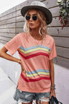 Multicolored Chevron Stripe Round Neck Side Slit T-Shirt Pink Women's T-Shirts - Tophatter Daily Deals