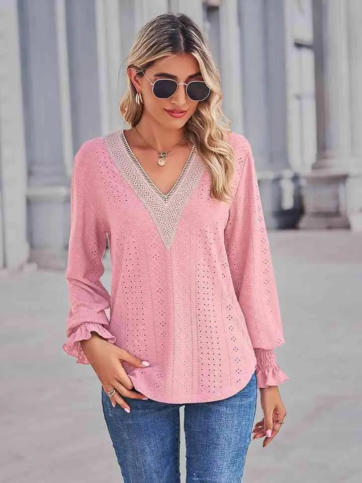 V-Neck Eyelet Flounce Sleeve Blouse Blouses - Tophatter Daily Deals
