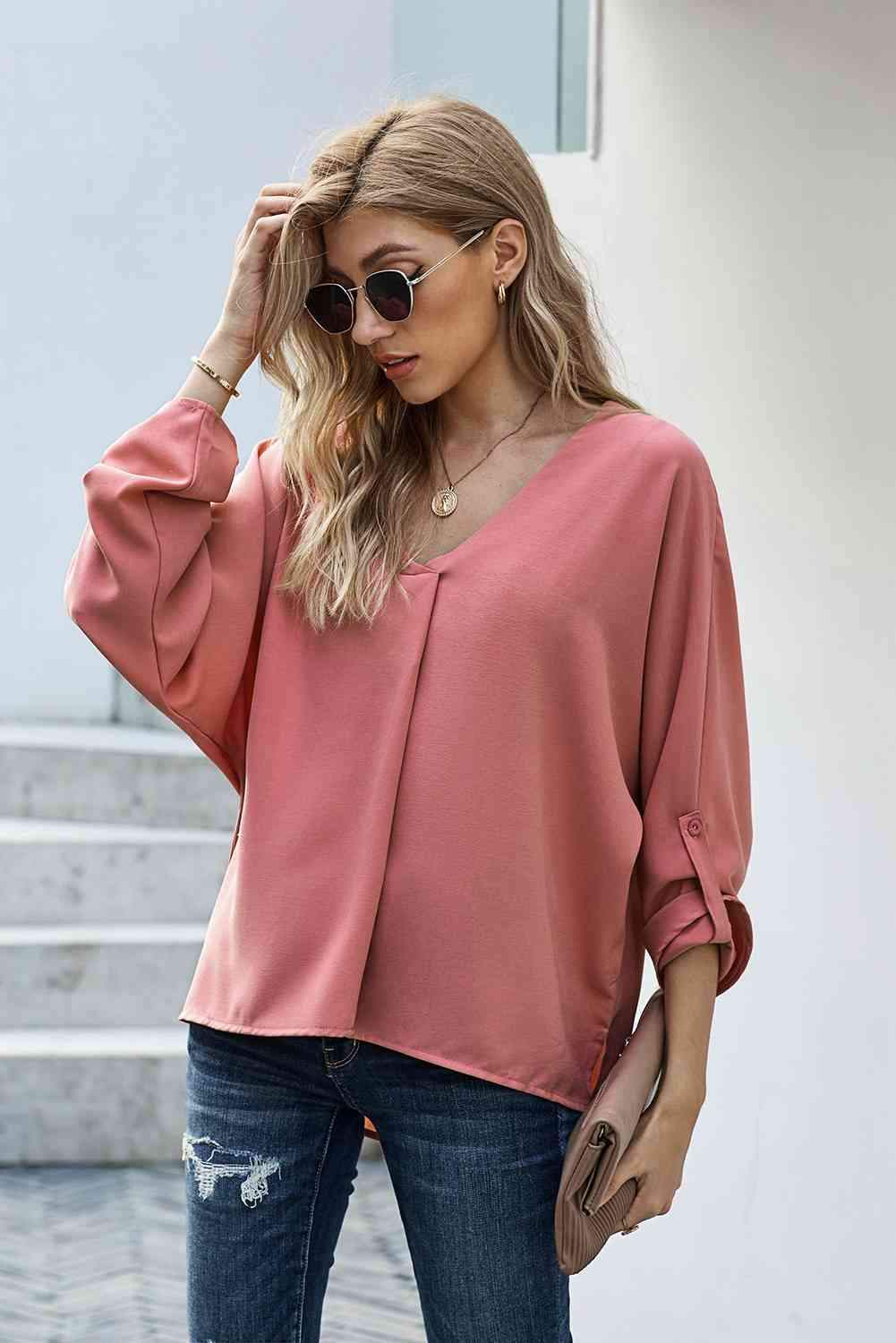 V-Neck Roll-Tab Sleeve Blouse Burnt Coral Blouses - Tophatter Daily Deals