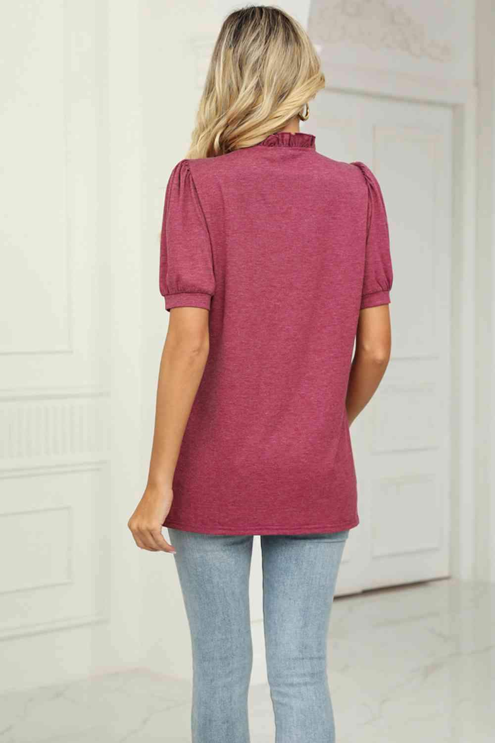 Notched Neck Puff Sleeve T-Shirt Women's T-Shirts - Tophatter Daily Deals