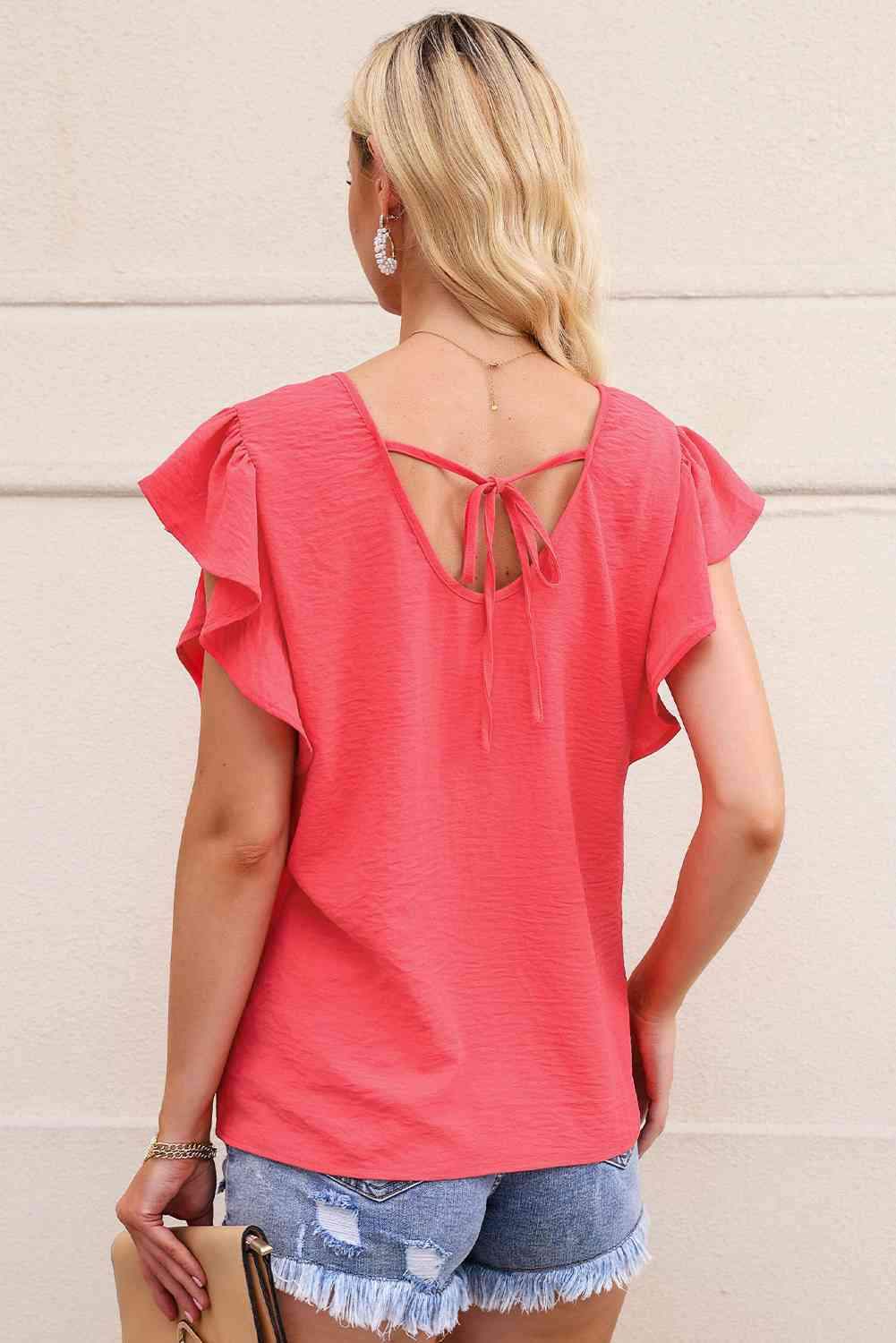 V-Neck Tied Flutter Sleeve Blouse Blouses - Tophatter Daily Deals