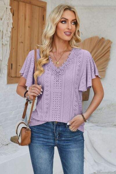 Eyelet Applique V-Neck Cap Sleeve T-Shirt Lavender Women's T-Shirts - Tophatter Daily Deals