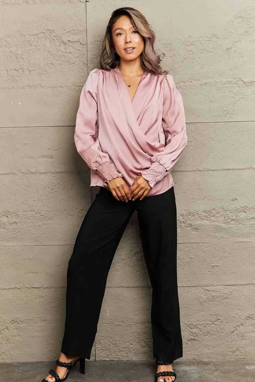 Surplice Neck Ruched Lantern Sleeve Blouse Blouses - Tophatter Daily Deals